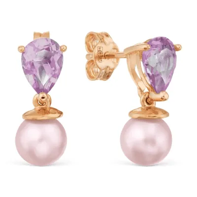 Пусеты с аметистом и жемчугом из золота